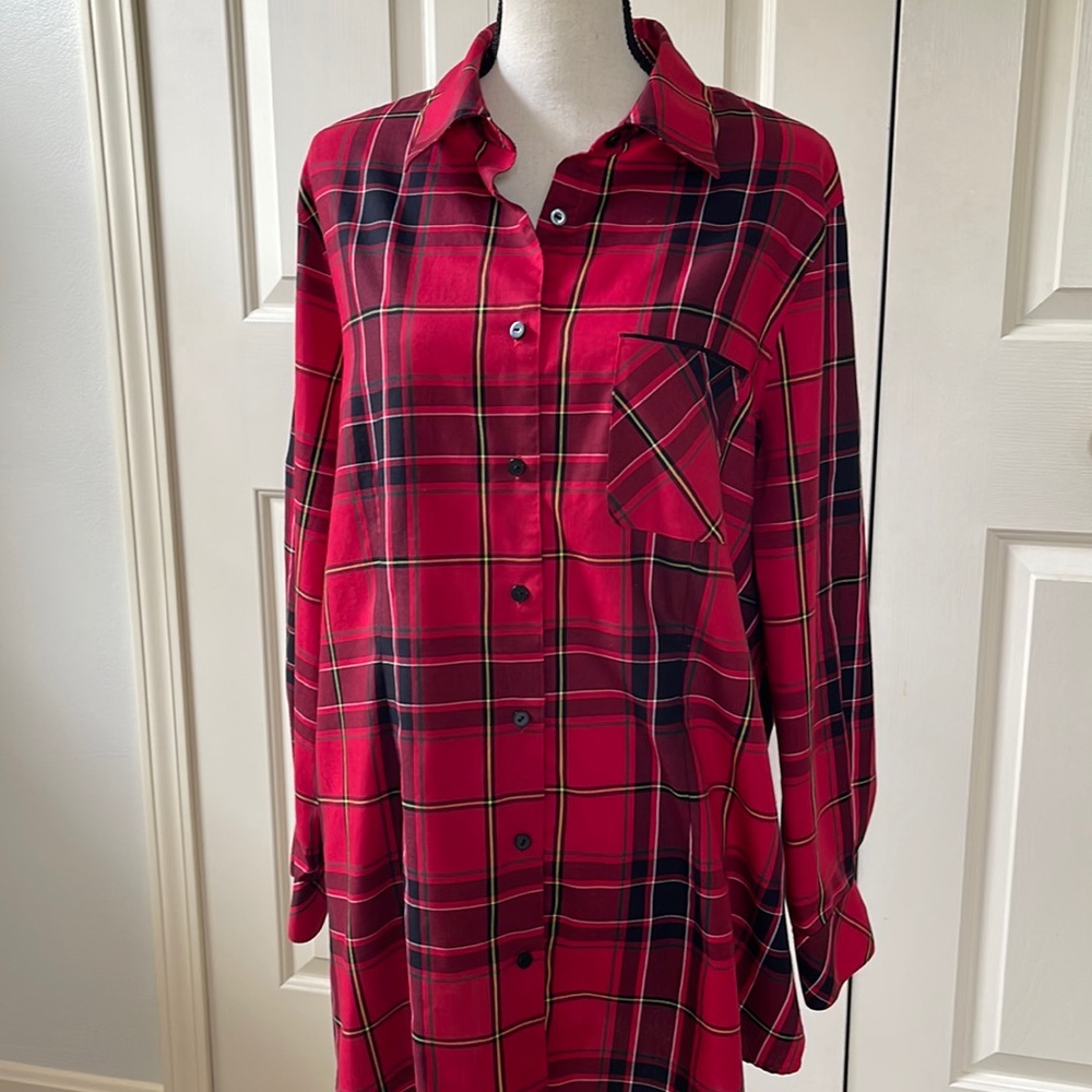 Foxcroft Red Tartan Plaid Tunic Button Down Shirt Size 16W